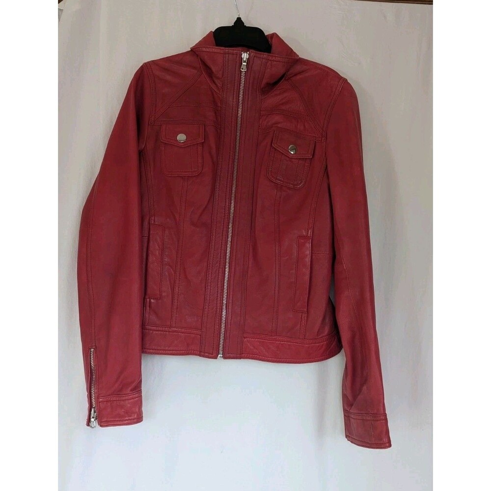 Black Rivet Women's Red Leather Moto Bike Jacket sz M